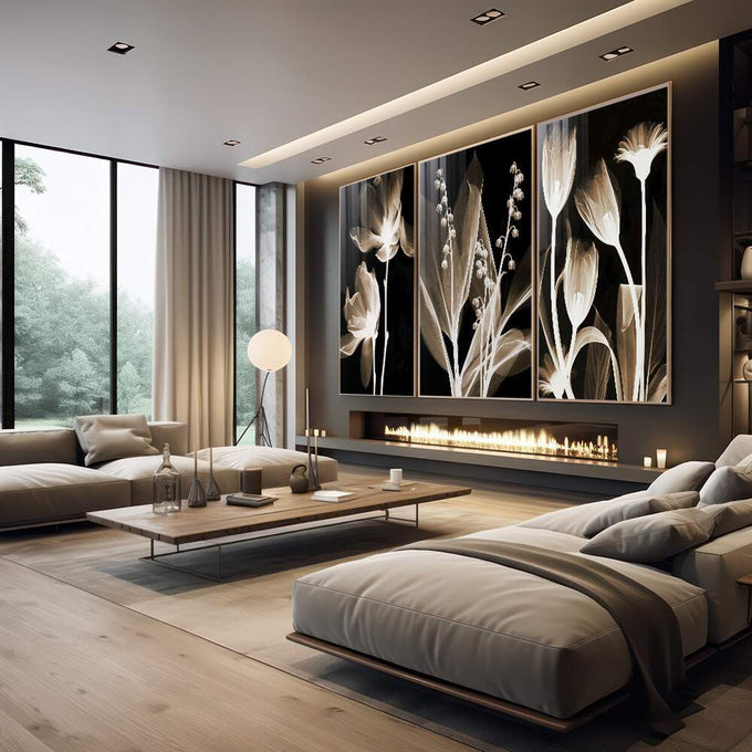 Quadro Decorativo Flores Monocromáticas: Elegância e Harmonia - quadros decorativos para sala 1 Tela Vertical, 3 Telas - em quarto contemporaneo