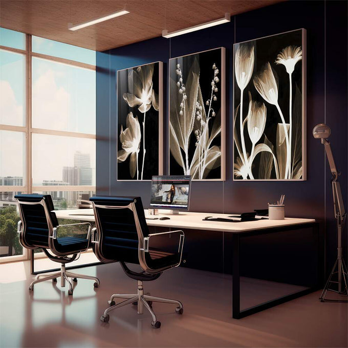 Quadro Decorativo Flores Monocromáticas: Elegância e Harmonia - quadros decorativos para sala 1 Tela Vertical, 3 Telas - em living room premium