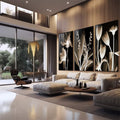 Quadro Decorativo Flores Monocromáticas: Elegância e Harmonia - quadros decorativos 1 Tela Vertical, 3 Telas - em sala moderna