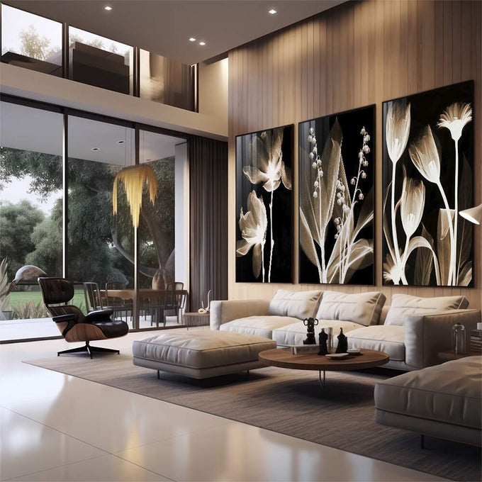Quadro Decorativo Flores Monocromáticas: Elegância e Harmonia - quadros decorativos 1 Tela Vertical, 3 Telas - em sala moderna