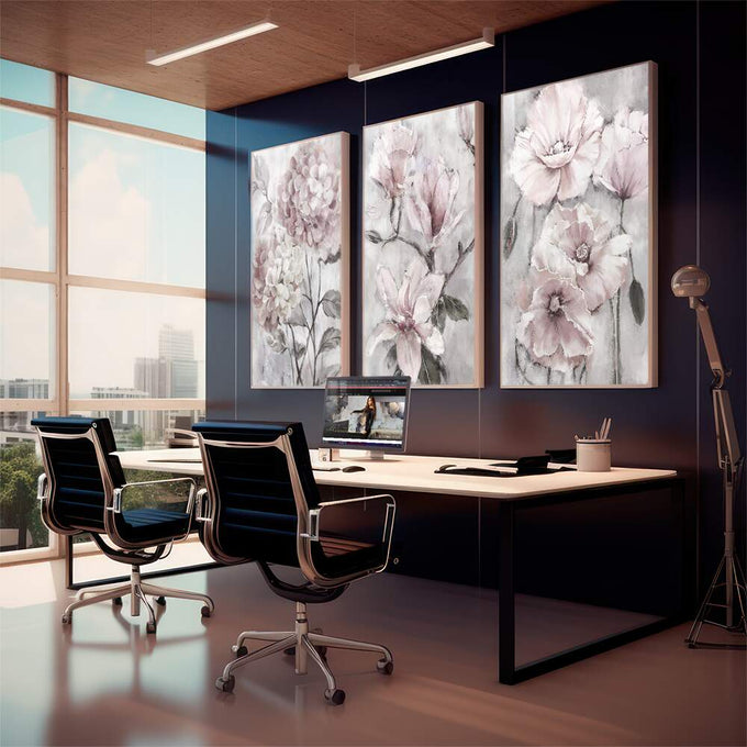 Quadro Decorativo: Magnólias Pastéis - Toque de Serenidade - quadros decorativos para sala 1 Tela Vertical, 3 Telas - em living room premium