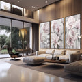 Quadro Decorativo: Magnólias Pastéis - Toque de Serenidade - quadros decorativos 1 Tela Vertical, 3 Telas - em sala moderna