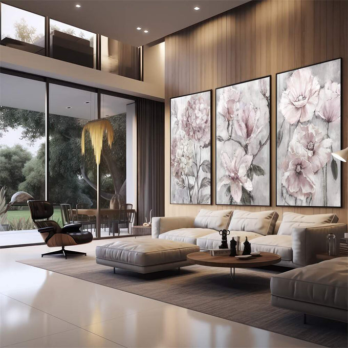 Quadro Decorativo: Magnólias Pastéis - Toque de Serenidade - quadros decorativos 1 Tela Vertical, 3 Telas - em sala moderna