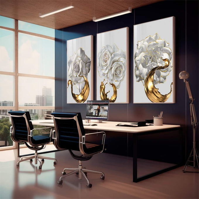 Quadro Decorativo: Harmonia de Rosas Brancas e Dourado - quadros decorativos para sala 1 Tela Vertical, 3 Telas - em living room premium