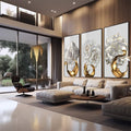 Quadro Decorativo: Harmonia de Rosas Brancas e Dourado - quadros decorativos 1 Tela Vertical, 3 Telas - em sala moderna