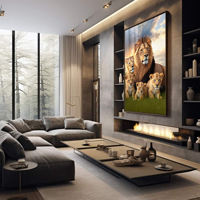 Quadro Decorativo: Majestade Familiar Leões na Savana - quadros decorativos para sala 1 Tela Vertical, 3 Telas - em living room premium