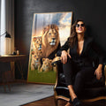 Quadro Decorativo: Majestade Familiar Leões na Savana - quadros decorativos 1 Tela Vertical, 3 Telas - em sala moderna