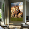 Quadro Decorativo: Majestade Familiar Leões na Savana - quadros decorativos para sala 1 Tela Vertical, 3 Telas - em ambiente decorado