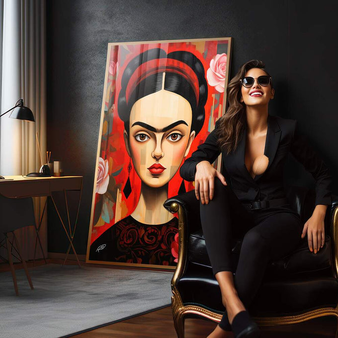 Quadro Decorativo Frida Kahlo: Magia e Rosa Vermelha - quadros decorativos para sala 1 Tela Vertical, 3 Telas - em quarto contemporaneo