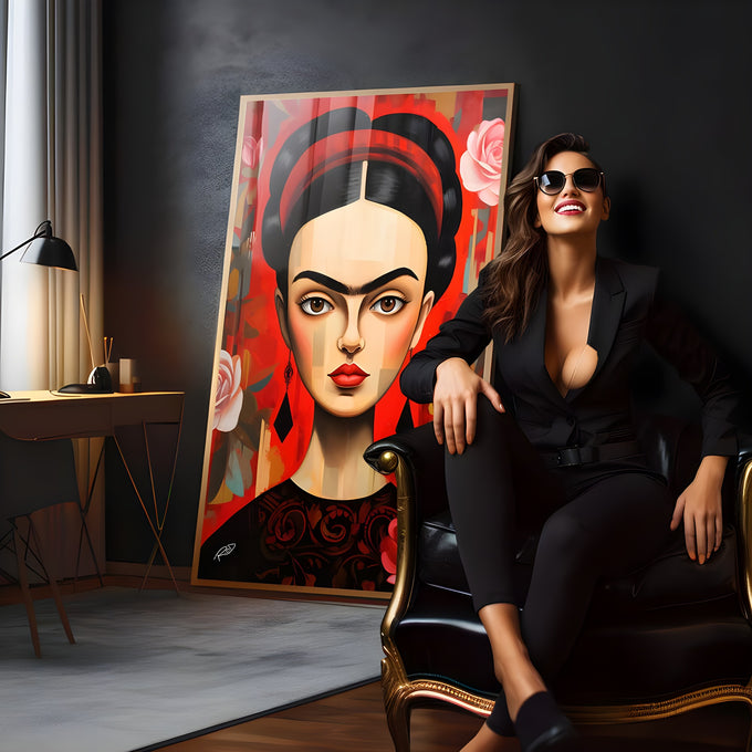 Retrato geométrico de Frida Kahlo com tiara vermelha e rosas em fundo vermelho, quadro decorativo