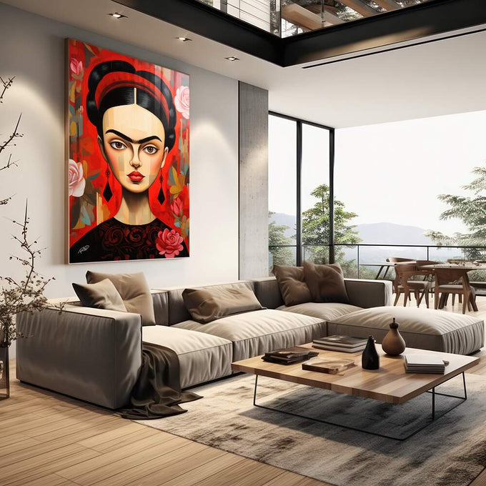 Quadro Decorativo Frida Kahlo: Magia e Rosa Vermelha - quadros decorativos para sala 1 Tela Vertical, 3 Telas - em living room premium