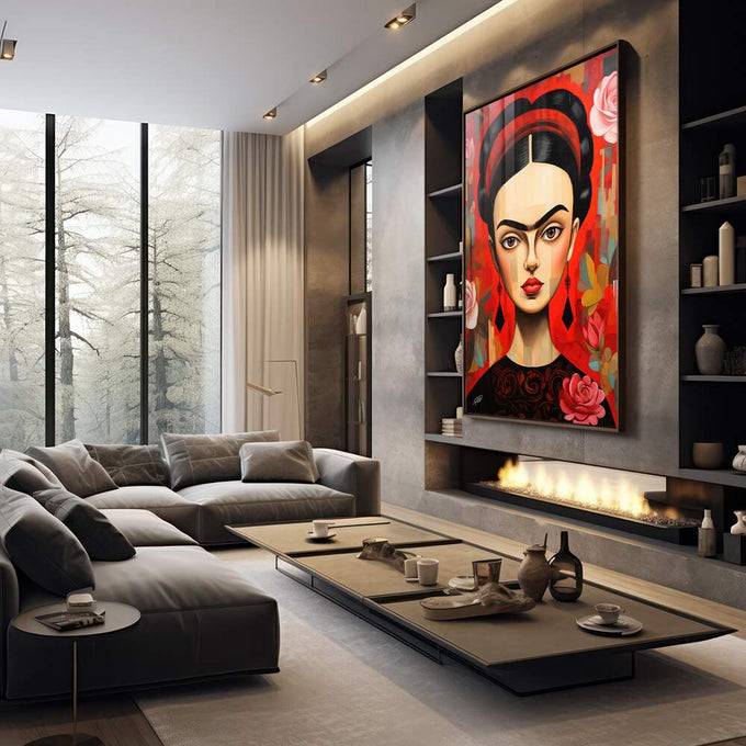 Quadro Decorativo Frida Kahlo: Magia e Rosa Vermelha - quadros decorativos 1 Tela Vertical, 3 Telas - em sala moderna