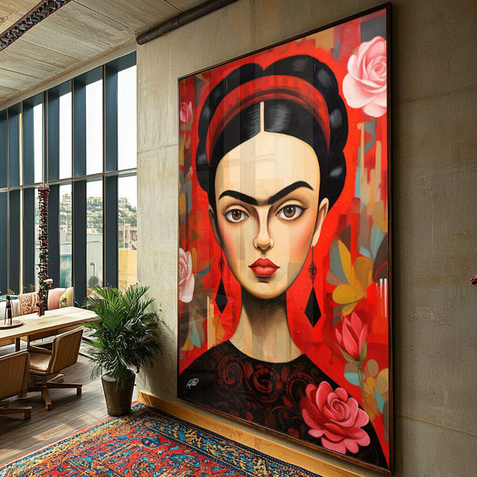 Quadro Decorativo Frida Kahlo: Magia e Rosa Vermelha - quadros decorativos para sala 1 Tela Vertical, 3 Telas - em ambiente decorado