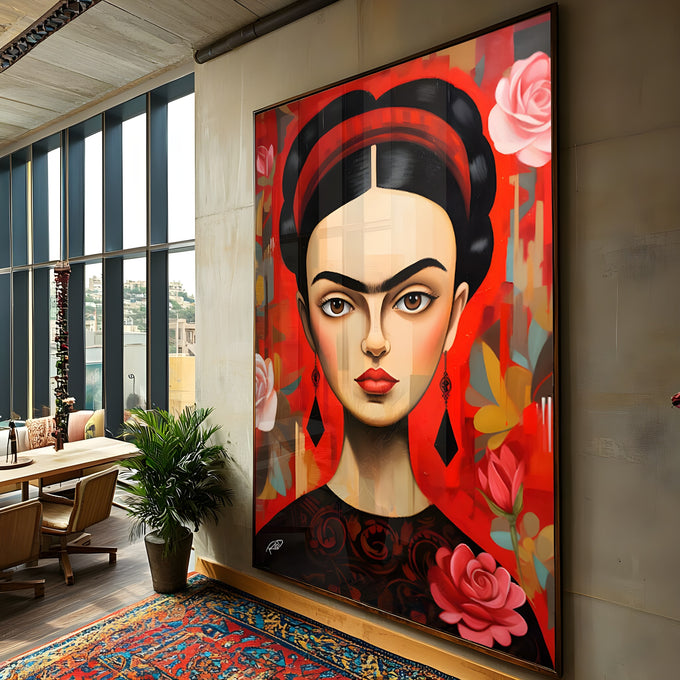 Retrato geométrico de Frida Kahlo com tiara vermelha e rosas em fundo vermelho, quadro decorativo