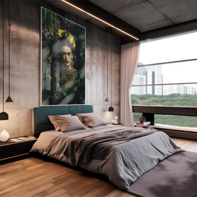 Quadro Decorativo Frida Encantadora com Folhagens - quadros decorativos 1 Tela Vertical, 3 Telas - em escritorio elegante