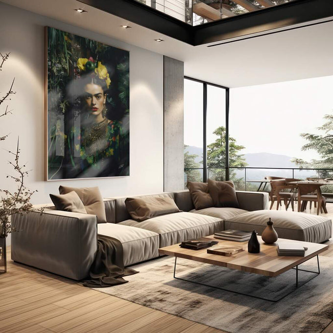 Quadro Decorativo Frida Encantadora com Folhagens - quadros decorativos para sala 1 Tela Vertical, 3 Telas - em living room premium