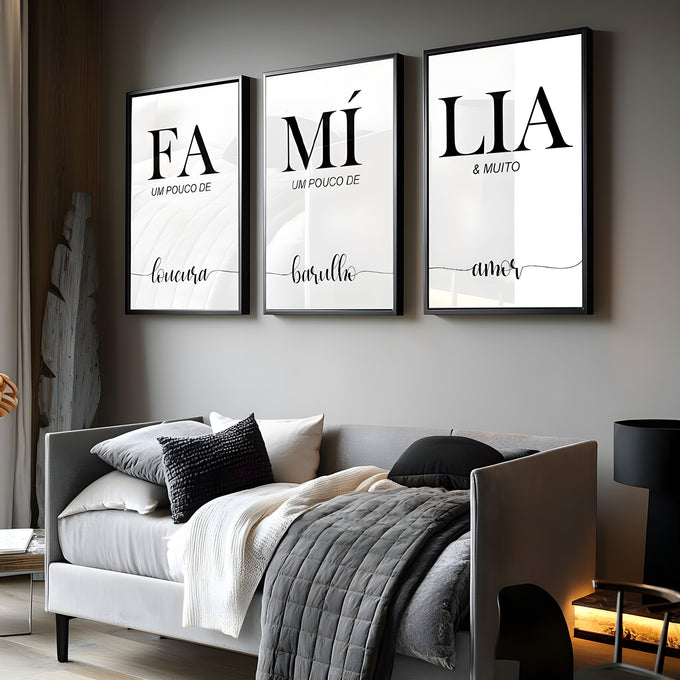 Trio de telas com frase Família, loucura, barulho e amor em letras pretas sobre branco, quadro decorativo