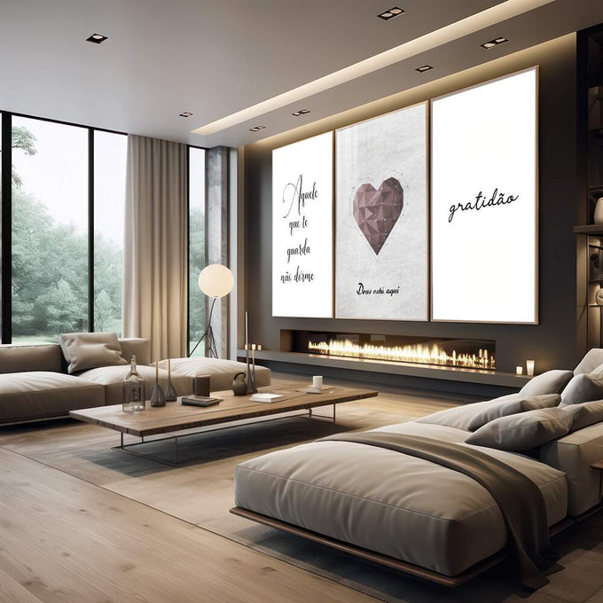 Quadro Decorativo Corações & Palavras: Inspire seu Lar - quadros decorativos para sala 1 Tela Vertical, 3 Telas - em quarto contemporaneo