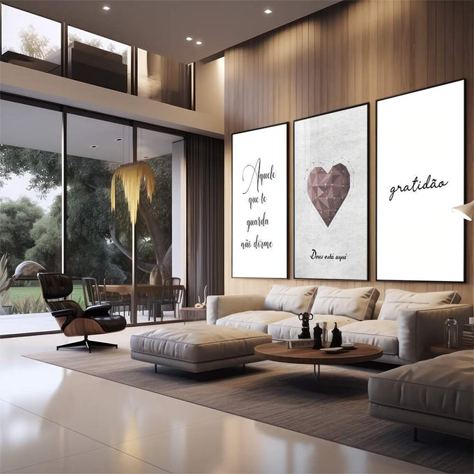 Quadro Decorativo Corações & Palavras: Inspire seu Lar - quadros decorativos 1 Tela Vertical, 3 Telas - em sala moderna