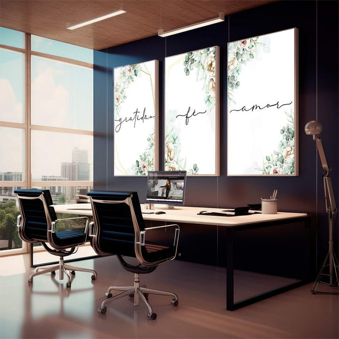Quadro Decorativo: Amor e Gratidão em Flor - quadros decorativos para sala 1 Tela Vertical, 3 Telas - em living room premium