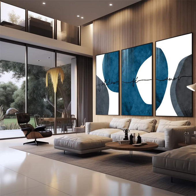Quadro Decorativo Gratidão, Fé e Amor - Toque Azul - quadros decorativos 1 Tela Vertical, 3 Telas - em escritorio elegante