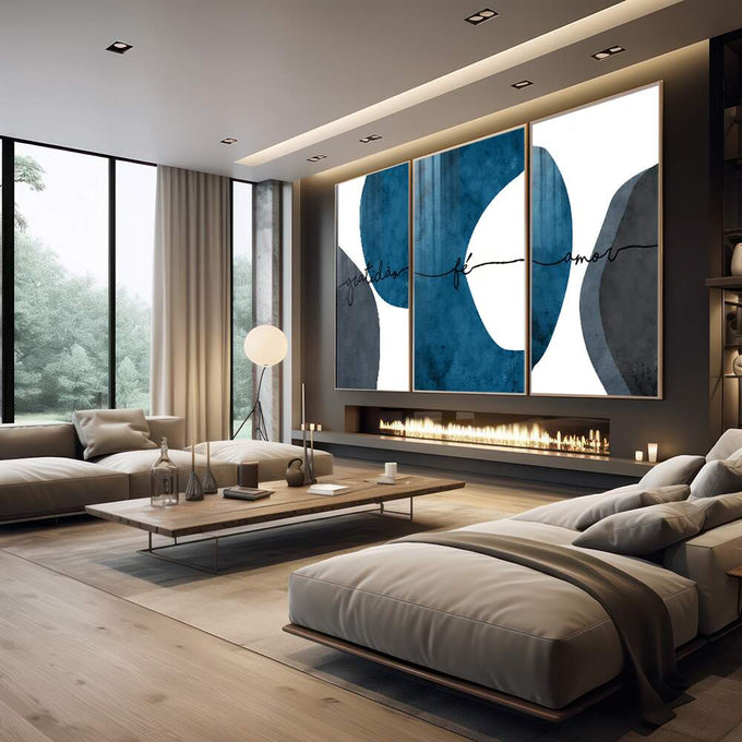 Quadro Decorativo Gratidão, Fé e Amor - Toque Azul - quadros decorativos para sala 1 Tela Vertical, 3 Telas - em living room premium