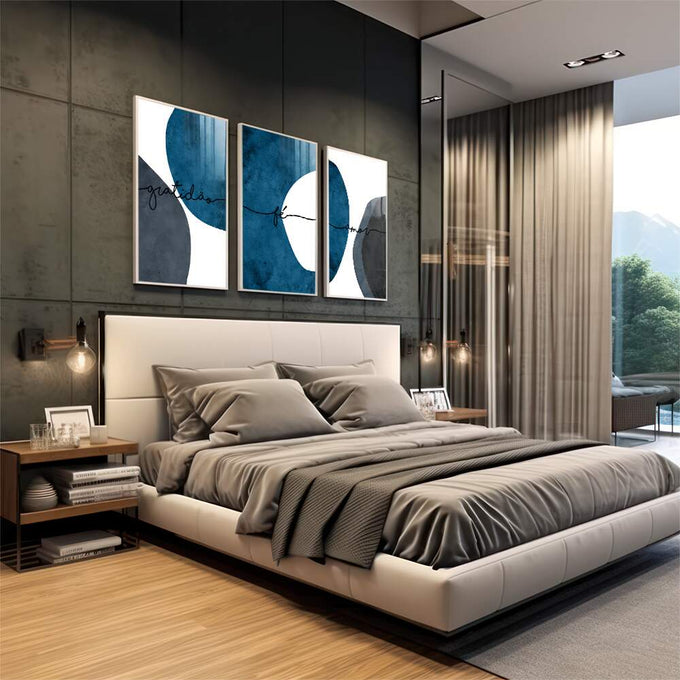Quadro Decorativo Gratidão, Fé e Amor - Toque Azul - quadros decorativos 1 Tela Vertical, 3 Telas - em sala moderna