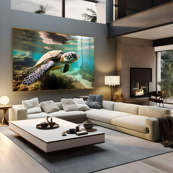 Tartaruga marinha nadando sobre recife de corais em água azul-turquesa cristalina, quadro decorativo