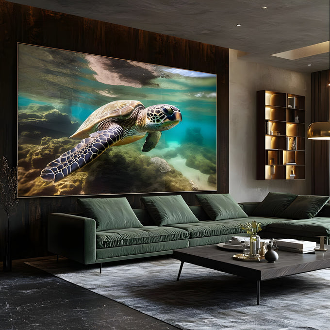 Tartaruga marinha nadando sobre recife de corais em água azul-turquesa cristalina, quadro decorativo