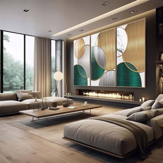 Quadro Decorativo Círculos Dourados - Luxo Cósmico - quadros decorativos 1 Tela Vertical, 3 Telas - em sala moderna