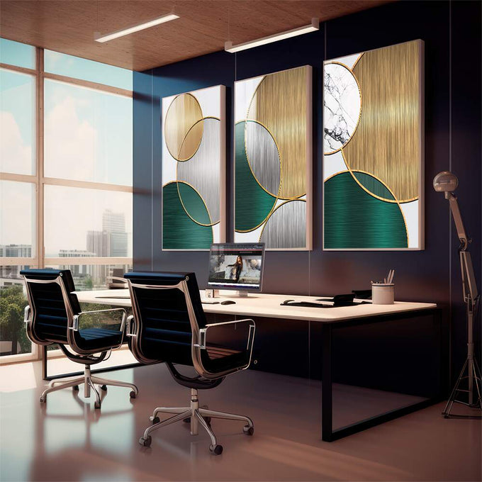 Quadro Decorativo Círculos Dourados - Luxo Cósmico - quadros decorativos 1 Tela Vertical, 3 Telas - em escritorio elegante
