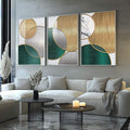 Quadro Decorativo Círculos Dourados - Luxo Cósmico - quadros decorativos para sala 1 Tela Vertical, 3 Telas - em ambiente decorado
