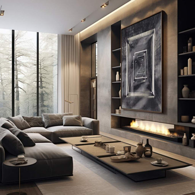 Quadro Decorativo: Jornada ao Desconhecido Único - quadros decorativos 1 Tela Vertical, 3 Telas - em sala moderna