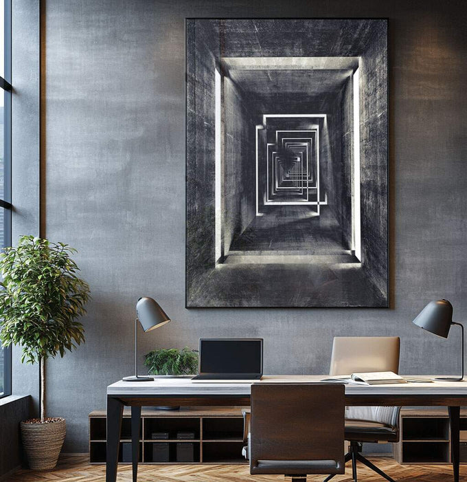 Quadro Decorativo: Jornada ao Desconhecido Único - quadros decorativos para sala 1 Tela Vertical, 3 Telas - em ambiente decorado