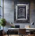 Túnel com molduras de luz branca em perspectiva infinita, abstrato preto e branco, quadro decorativo