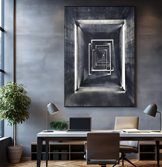 Túnel com molduras de luz branca em perspectiva infinita, abstrato preto e branco, quadro decorativo