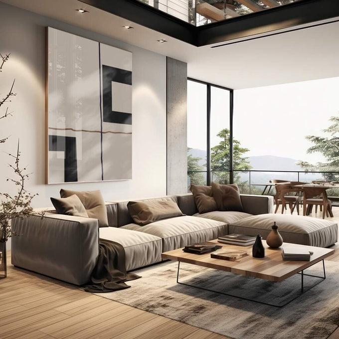 Quadro Decorativo: Encanto Geométrico em Preto e Branco - quadros decorativos 1 Tela Vertical, 3 Telas - em sala moderna