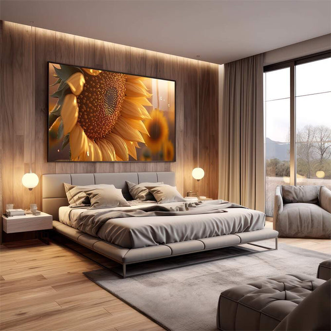 Quadro Decorativo Girassol: Uma Jornada Visual - quadros decorativos para sala 1 Tela, 1 Tela Horizontal - em living room premium