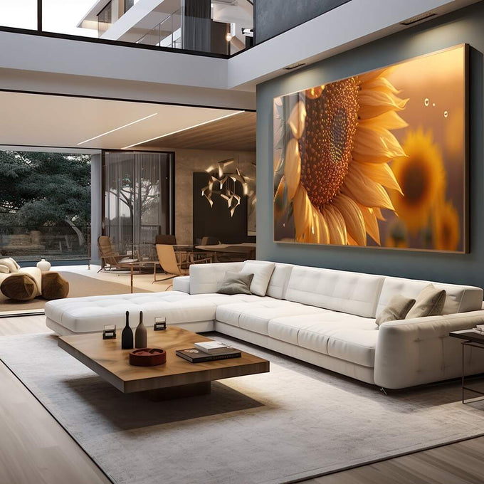 Quadro Decorativo Girassol: Uma Jornada Visual - quadros decorativos 1 Tela, 1 Tela Horizontal - em sala moderna