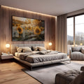 Campo de girassóis amarelos em contraluz ao entardecer com bokeh dourado, quadro decorativo