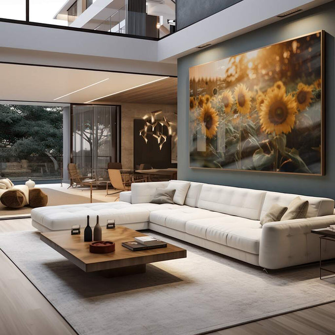 Quadro Decorativo Girassol: Brilho Solar Intenso - quadros decorativos 1 Tela, 1 Tela Horizontal - em escritorio elegante