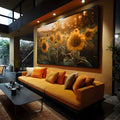 Campo de girassóis amarelos em contraluz ao entardecer com bokeh dourado, quadro decorativo