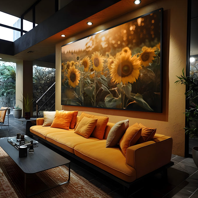 Campo de girassóis amarelos em contraluz ao entardecer com bokeh dourado, quadro decorativo