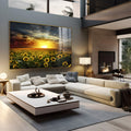 Campo de girassóis sob céu dramático com sol dourado no horizonte ao pôr do sol, quadro decorativo