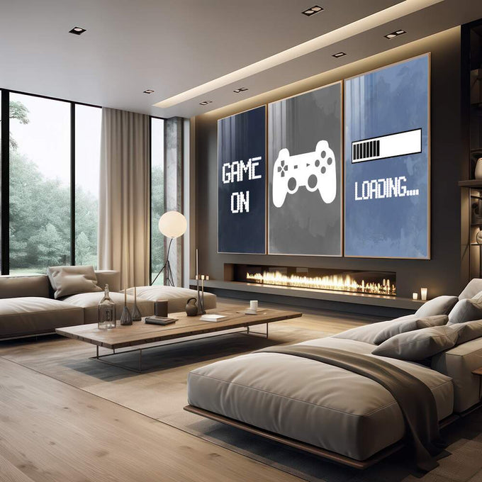 Quadro Decorativo: Revolução Gamer, Imersão e Estilo - quadros decorativos para sala 1 Tela Vertical, 3 Telas - em quarto contemporaneo