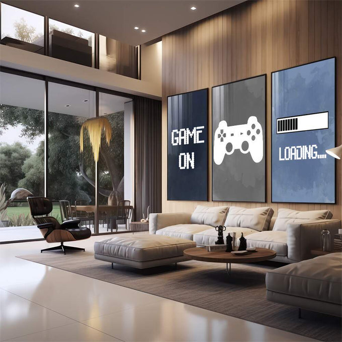 Quadro Decorativo: Revolução Gamer, Imersão e Estilo - quadros decorativos 1 Tela Vertical, 3 Telas - em sala moderna