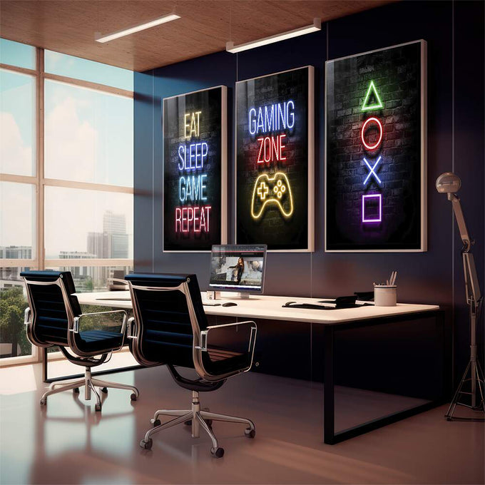 Quadro Decorativo Neon Gamer\'s Paradise: Magia Neon para Você - quadros decorativos para sala 1 Tela Vertical, 3 Telas - em quarto contemporaneo