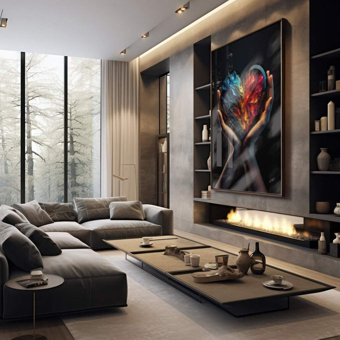 Quadro Decorativo Coração: Paixões Vibrantes - quadros decorativos 1 Tela Vertical, 3 Telas - em sala moderna