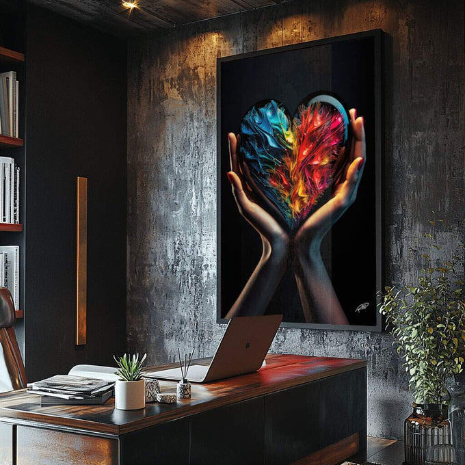 Quadro Decorativo Coração: Paixões Vibrantes - quadros decorativos para sala 1 Tela Vertical, 3 Telas - em ambiente decorado