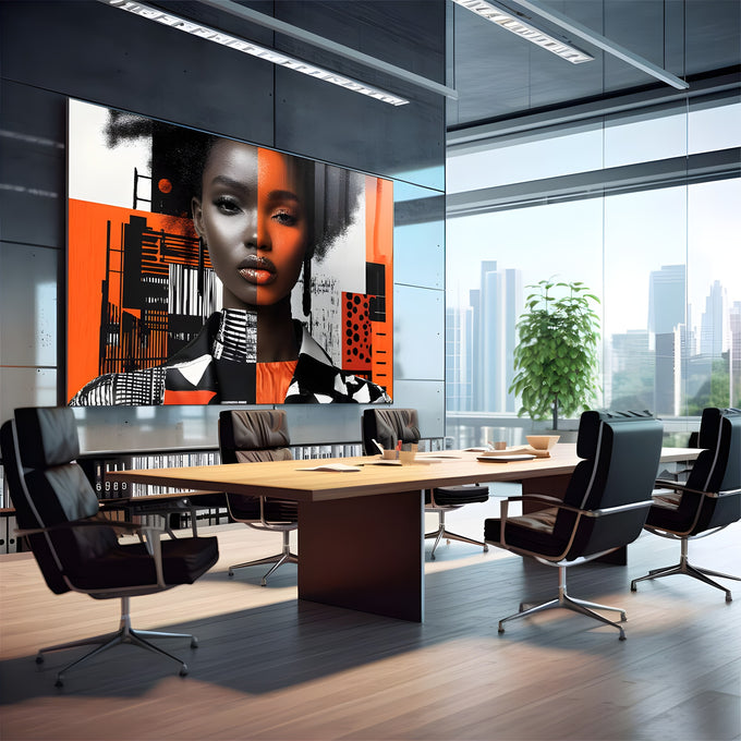 Retrato de mulher negra de cabelo afro com rosto dividido e colagem geométrica laranja, quadro decorativo